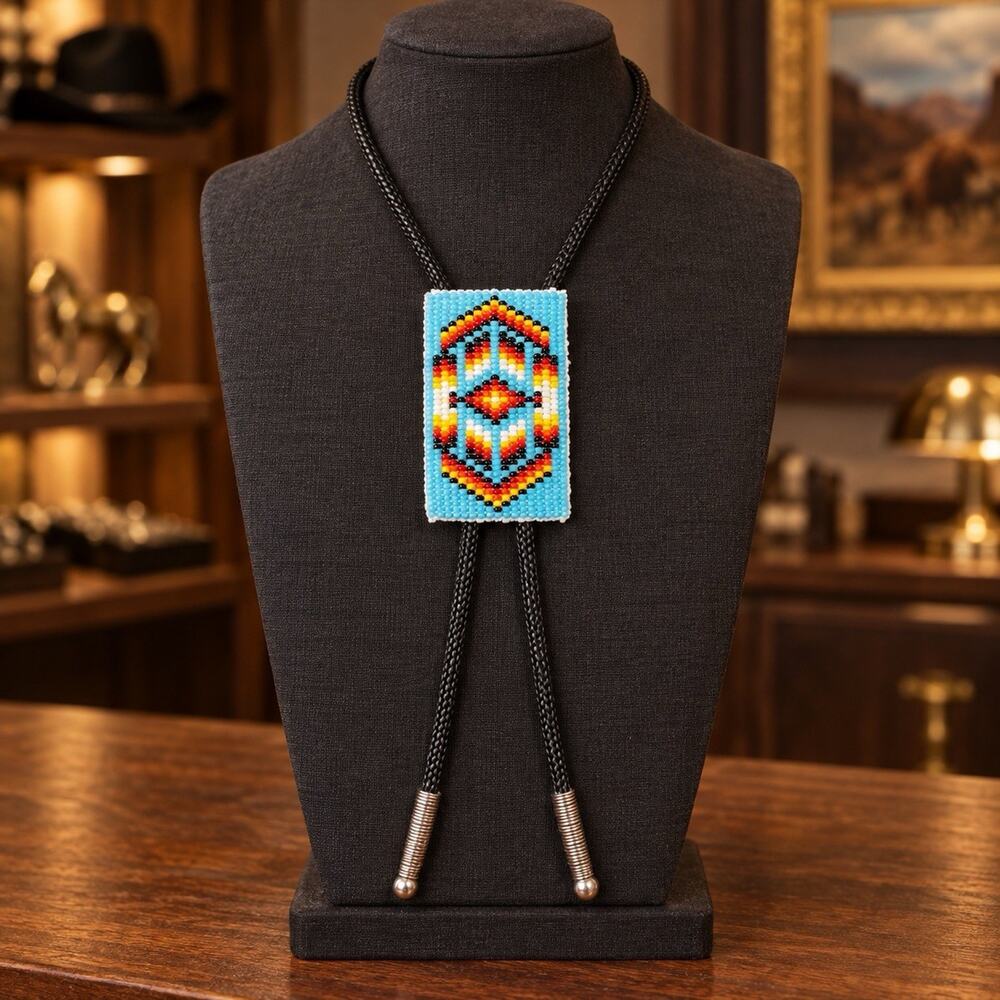 ART hand beaded Bolo Tie Beadwork Turquoise Red Arrow LARIAT Birthday GIFT